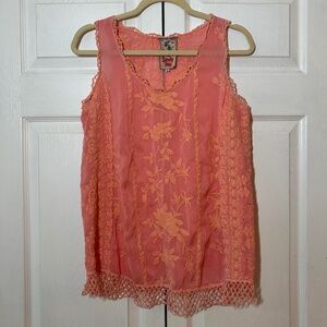 Johnny Was NWOT Pink Coral Embroidered Lace Sleeveless Tank Top Size S